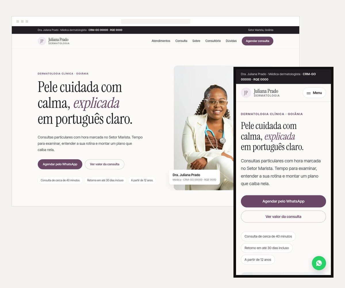 Modelo de site de consultório de dermatologia, no computador e no celular